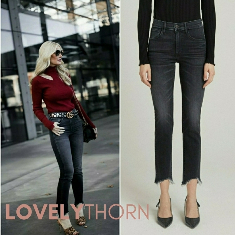 3X1 // hi waist straight crop elise asymmetric hem faded black jeans